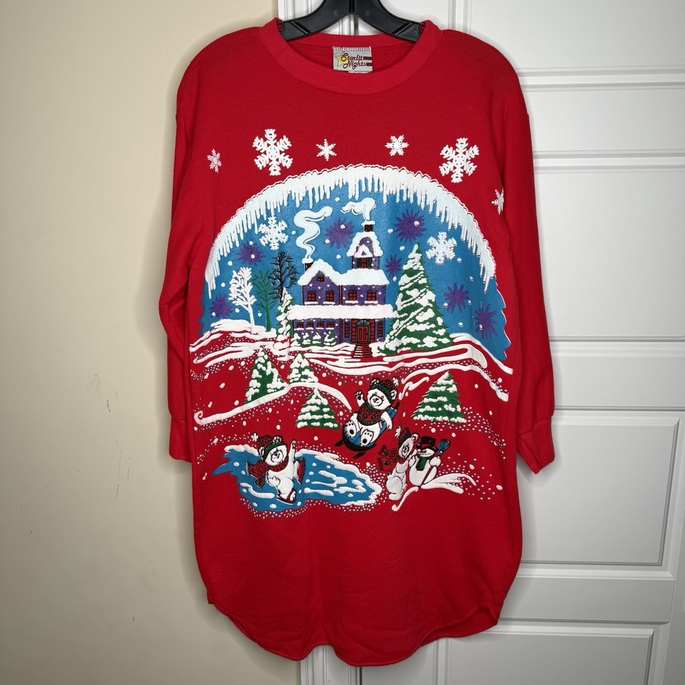 Vintage Holiday Fleece Nightshirt XL Red Crewneck Puff Print Gifts XMAS polar